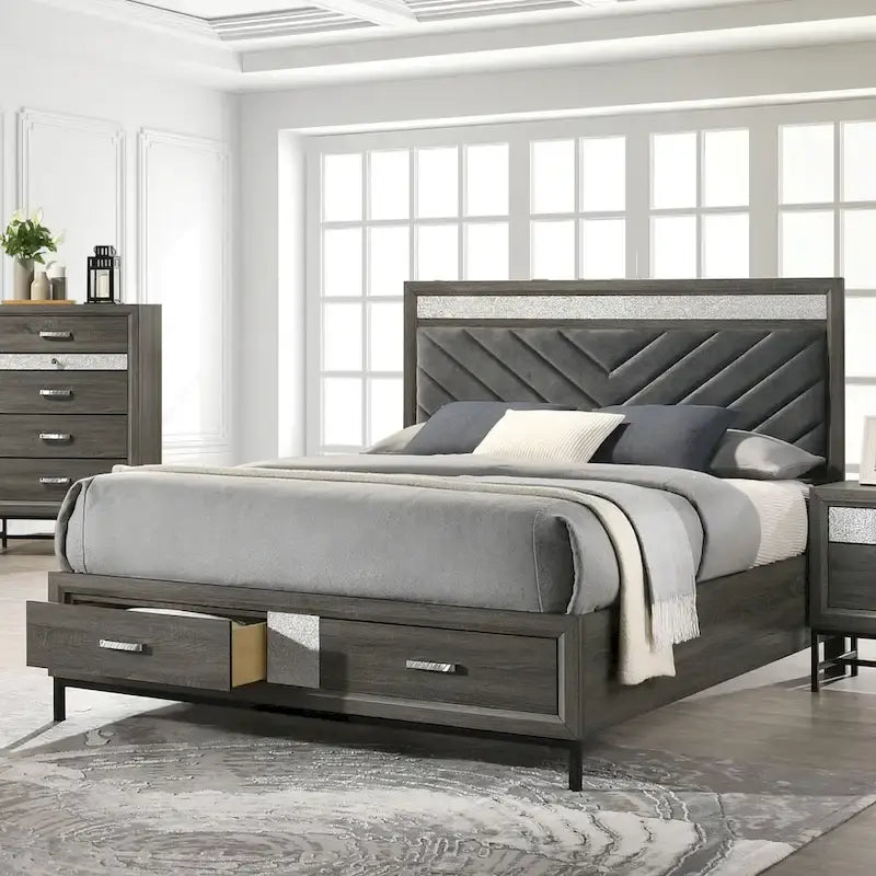 Piattaforma Letto con Cassetti Contenitore Chevron Grigio | King / Queen / Matrimoniale | 1–2 Persone