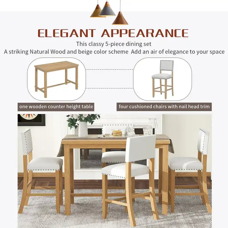 Set da pranzo ad altezza bancone in legno naturale, 5 posti