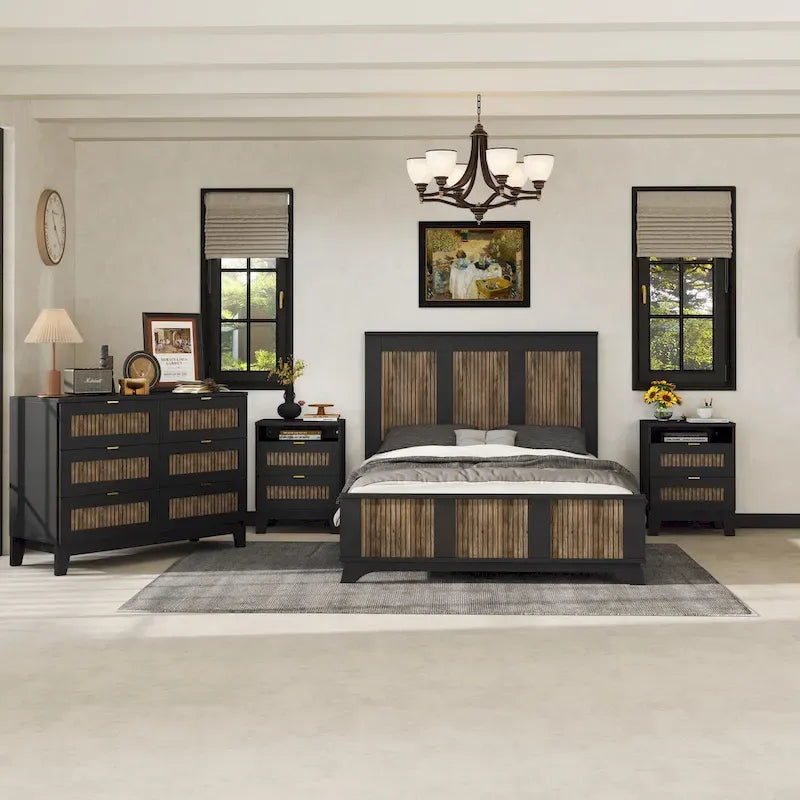 Letto a piattaforma stile fattoria, misura matrimoniale, bianco/nero, set da 4 pezzi per 1-2 persone