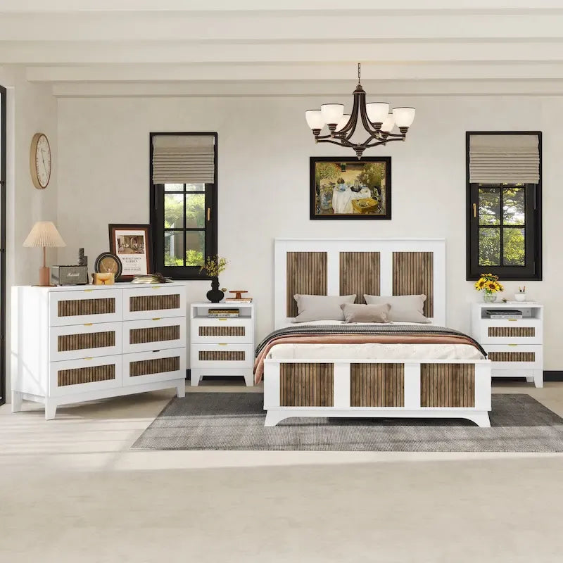 Letto a piattaforma stile fattoria, misura matrimoniale, bianco/nero, set da 4 pezzi per 1-2 persone