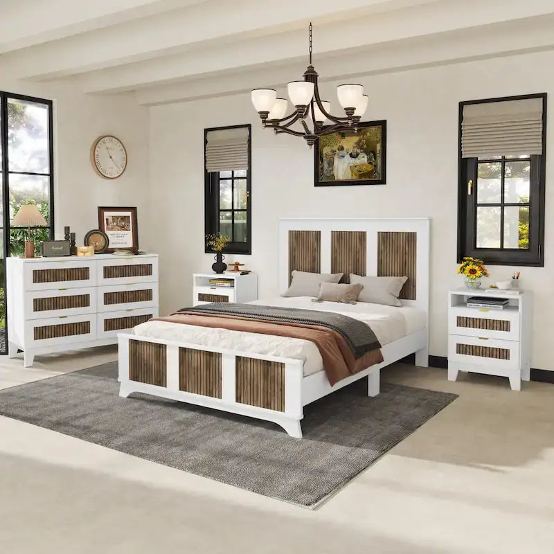 Letto a piattaforma stile fattoria, misura matrimoniale, bianco/nero, set da 4 pezzi per 1-2 persone
