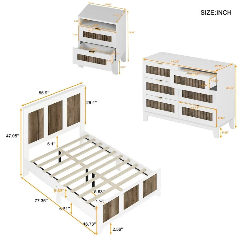 Letto a piattaforma stile fattoria, misura matrimoniale, bianco/nero, set da 4 pezzi per 1-2 persone