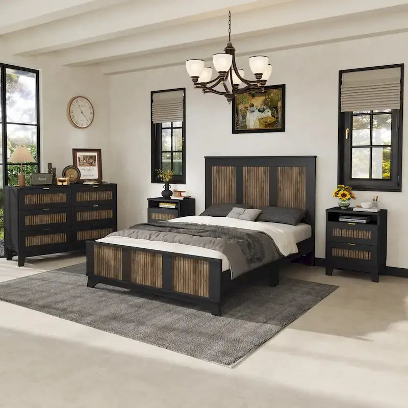 Letto a piattaforma stile fattoria, misura matrimoniale, bianco/nero, set da 4 pezzi per 1-2 persone