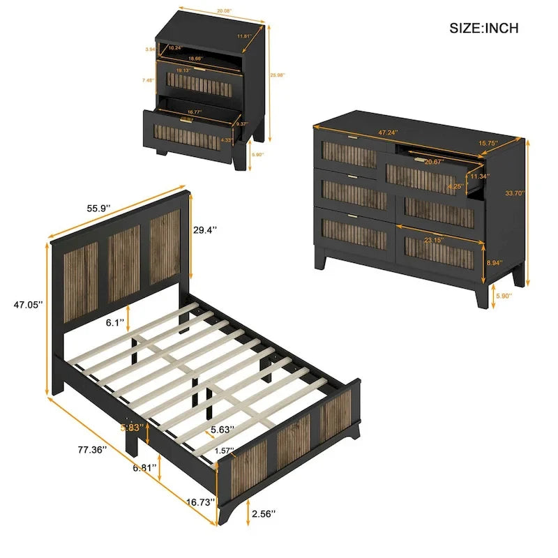 Letto a piattaforma stile fattoria, misura matrimoniale, bianco/nero, set da 4 pezzi per 1-2 persone
