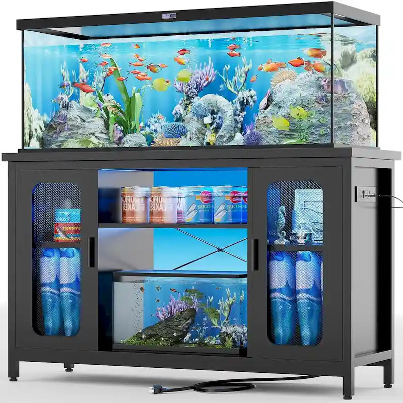 Mobiletto 2-in-1 per Acquario Quercia Nera/Grigia con Luce LED e Prese di Corrente, 2 Vasche