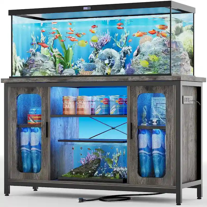 Mobiletto 2-in-1 per Acquario Quercia Nera/Grigia con Luce LED e Prese di Corrente, 2 Vasche