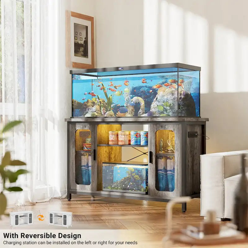 Mobiletto 2-in-1 per Acquario Quercia Nera/Grigia con Luce LED e Prese di Corrente, 2 Vasche