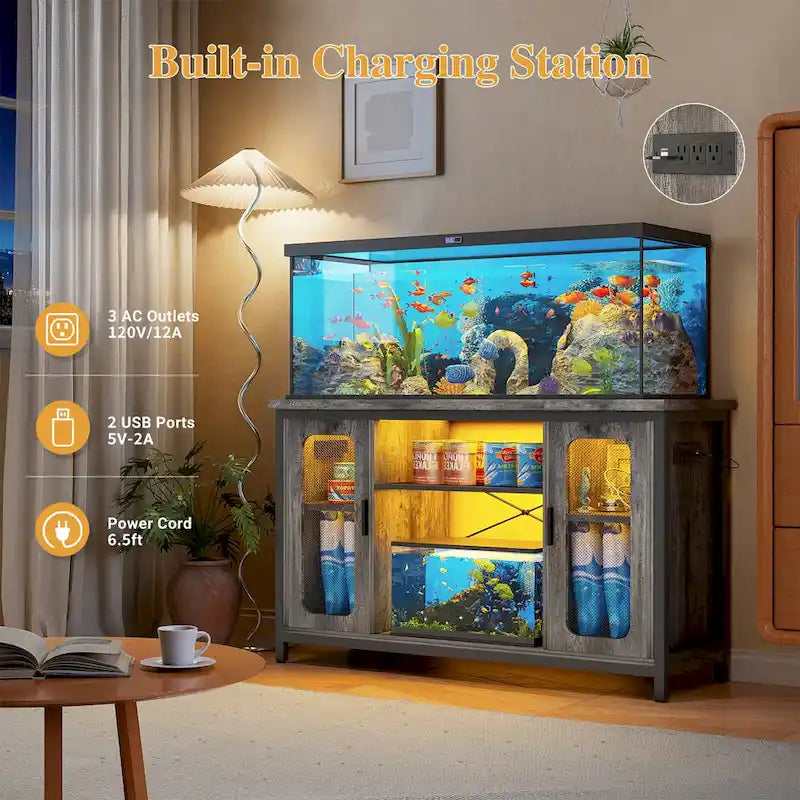 Mobiletto 2-in-1 per Acquario Quercia Nera/Grigia con Luce LED e Prese di Corrente, 2 Vasche