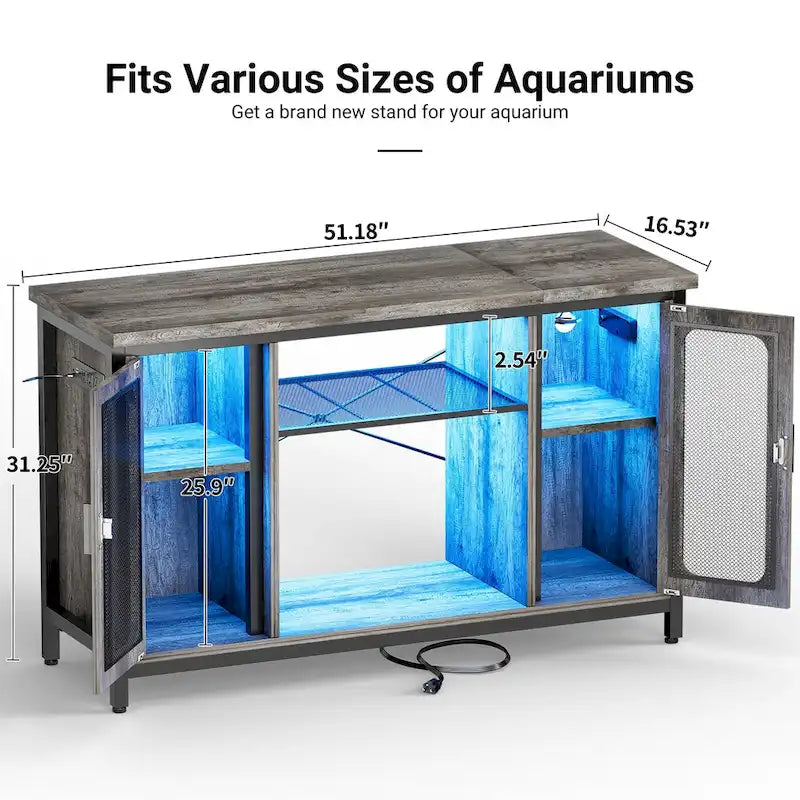 Mobiletto 2-in-1 per Acquario Quercia Nera/Grigia con Luce LED e Prese di Corrente, 2 Vasche