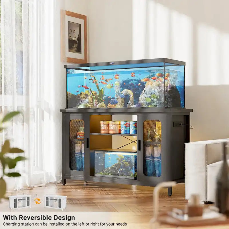 Mobiletto 2-in-1 per Acquario Quercia Nera/Grigia con Luce LED e Prese di Corrente, 2 Vasche