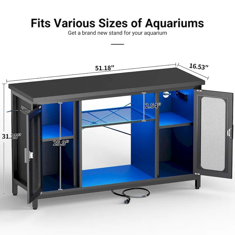 Mobiletto 2-in-1 per Acquario Quercia Nera/Grigia con Luce LED e Prese di Corrente, 2 Vasche