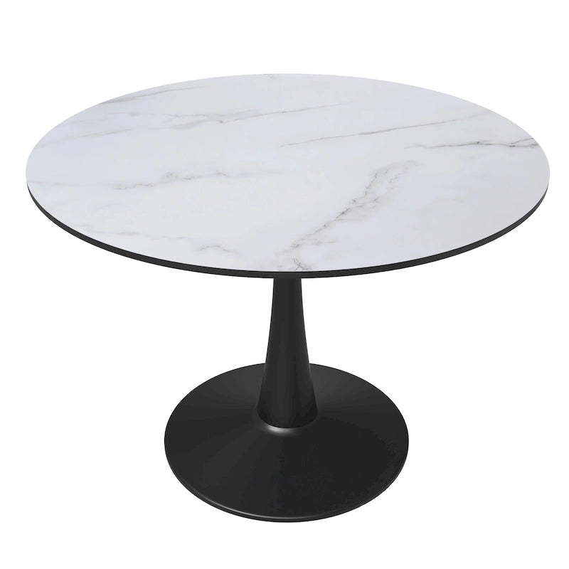 Tavolo da pranzo rotondo con piedistallo per 4 persone, piano in MDF, colore nero/bianco/bianco marmorizzato