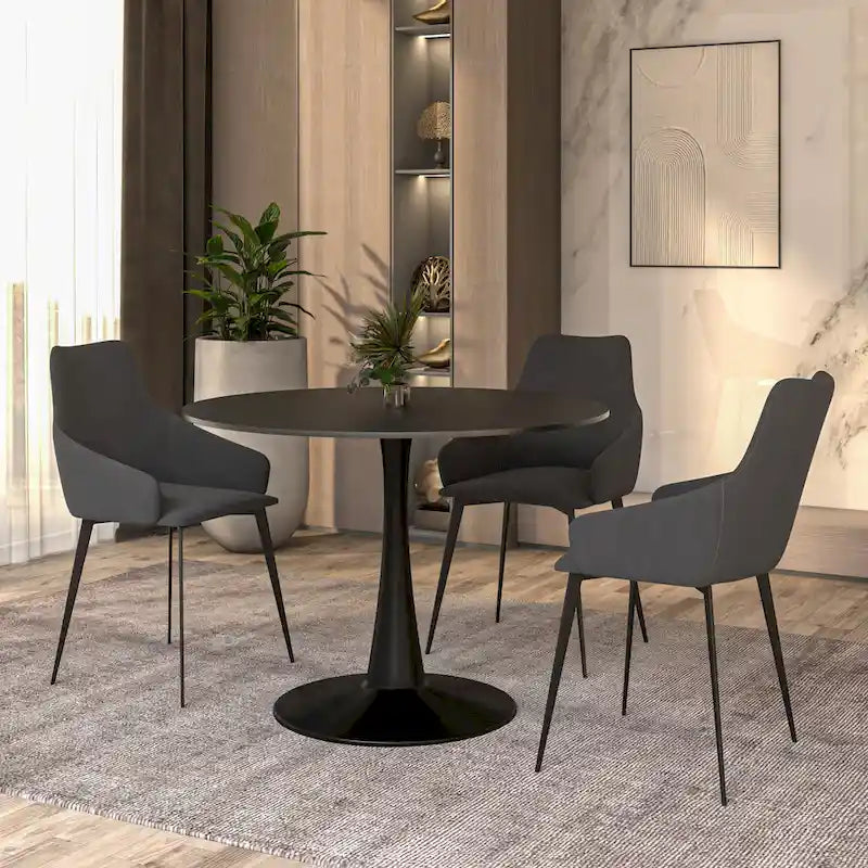 Tavolo da pranzo rotondo con piedistallo per 4 persone, piano in MDF, colore nero/bianco/bianco marmorizzato