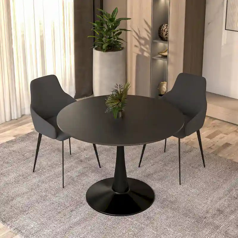 Tavolo da pranzo rotondo con piedistallo per 4 persone, piano in MDF, colore nero/bianco/bianco marmorizzato