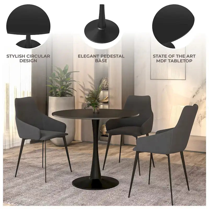Tavolo da pranzo rotondo con piedistallo per 4 persone, piano in MDF, colore nero/bianco/bianco marmorizzato