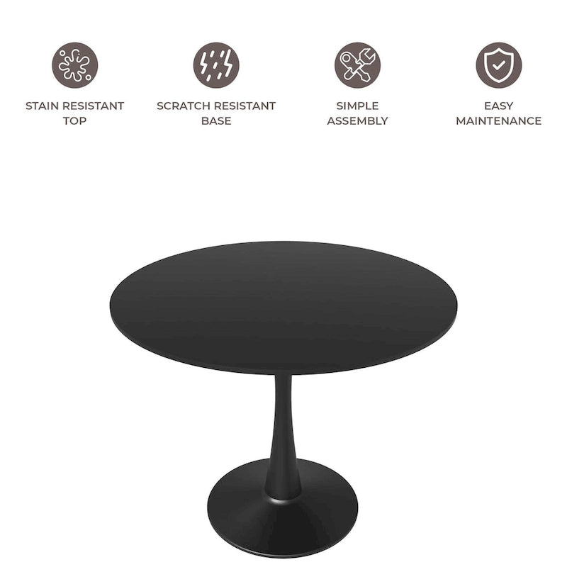 Tavolo da pranzo rotondo con piedistallo per 4 persone, piano in MDF, colore nero/bianco/bianco marmorizzato