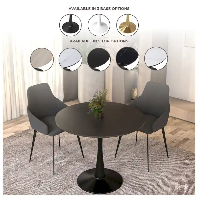 Tavolo da pranzo rotondo con piedistallo per 4 persone, piano in MDF, colore nero/bianco/bianco marmorizzato