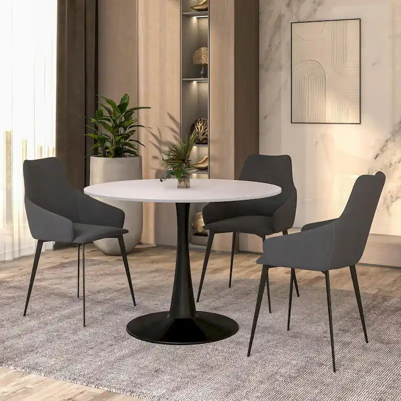 Tavolo da pranzo rotondo con piedistallo per 4 persone, piano in MDF, colore nero/bianco/bianco marmorizzato