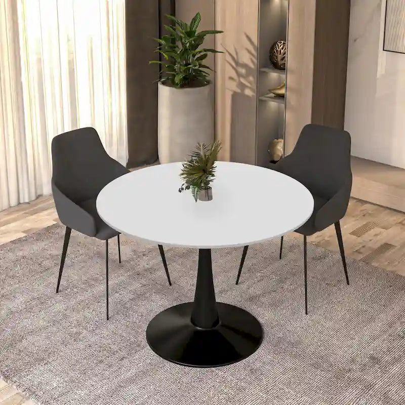 Tavolo da pranzo rotondo con piedistallo per 4 persone, piano in MDF, colore nero/bianco/bianco marmorizzato