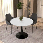 Tavolo da pranzo rotondo con piedistallo per 4 persone, piano in MDF, colore nero/bianco/bianco marmorizzato
