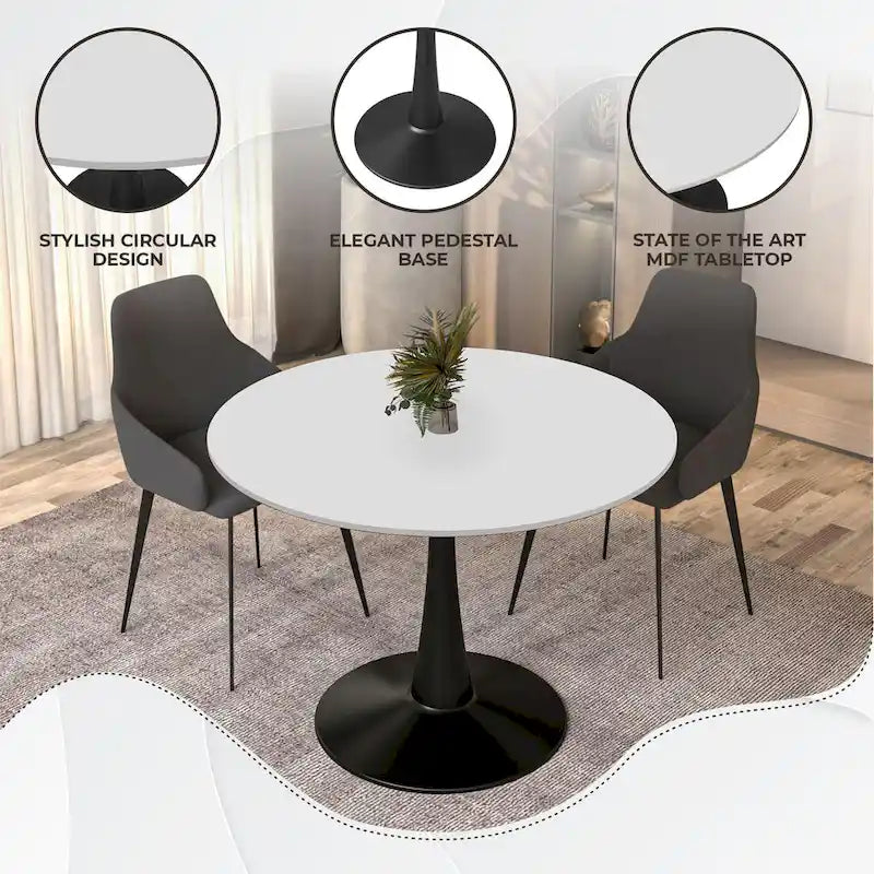 Tavolo da pranzo rotondo con piedistallo per 4 persone, piano in MDF, colore nero/bianco/bianco marmorizzato