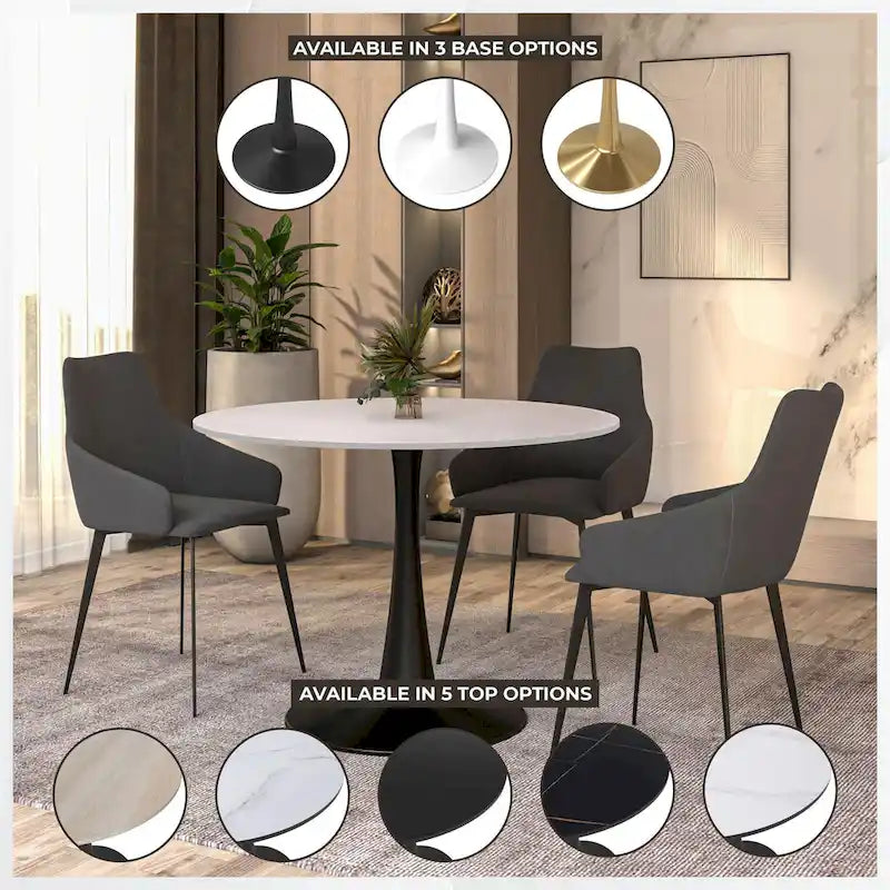 Tavolo da pranzo rotondo con piedistallo per 4 persone, piano in MDF, colore nero/bianco/bianco marmorizzato