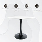 Tavolo da pranzo rotondo con piedistallo per 4 persone, piano in MDF, colore nero/bianco/bianco marmorizzato