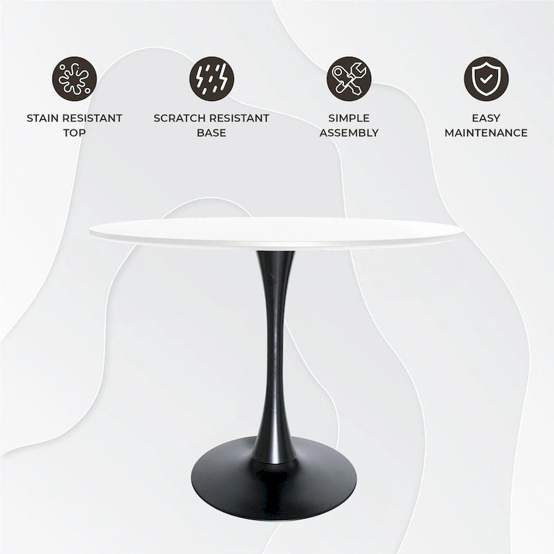 Tavolo da pranzo rotondo con piedistallo per 4 persone, piano in MDF, colore nero/bianco/bianco marmorizzato
