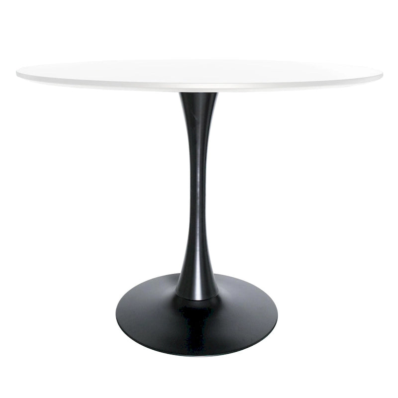Tavolo da pranzo rotondo con piedistallo per 4 persone, piano in MDF, colore nero/bianco/bianco marmorizzato
