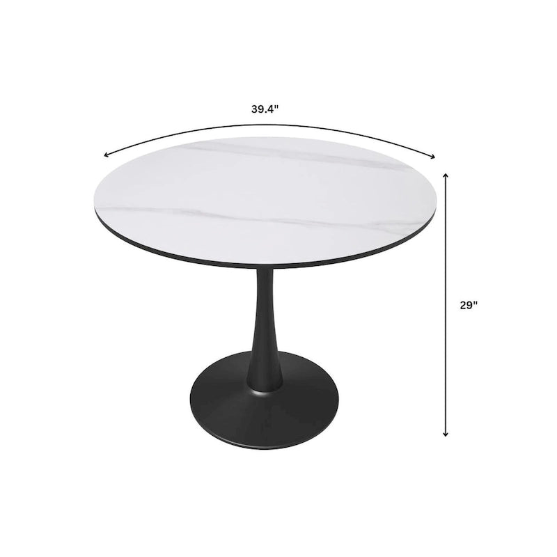 Tavolo da pranzo rotondo con piedistallo per 4 persone, piano in MDF, colore nero/bianco/bianco marmorizzato