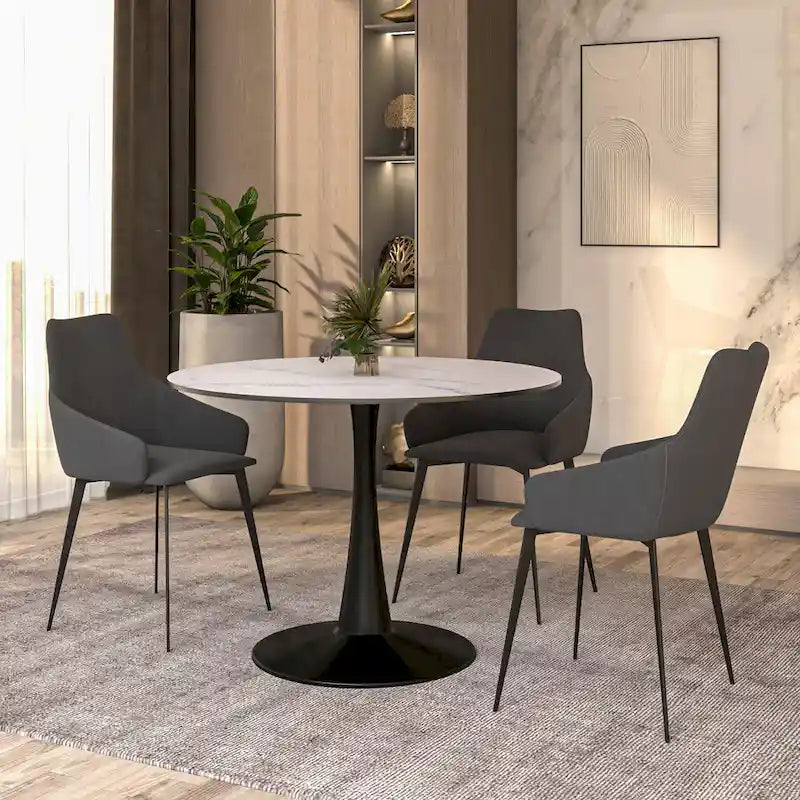 Tavolo da pranzo rotondo con piedistallo per 4 persone, piano in MDF, colore nero/bianco/bianco marmorizzato