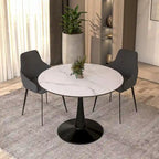 Tavolo da pranzo rotondo con piedistallo per 4 persone, piano in MDF, colore nero/bianco/bianco marmorizzato