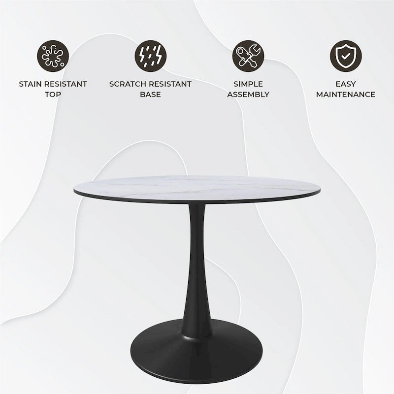 Tavolo da pranzo rotondo con piedistallo per 4 persone, piano in MDF, colore nero/bianco/bianco marmorizzato