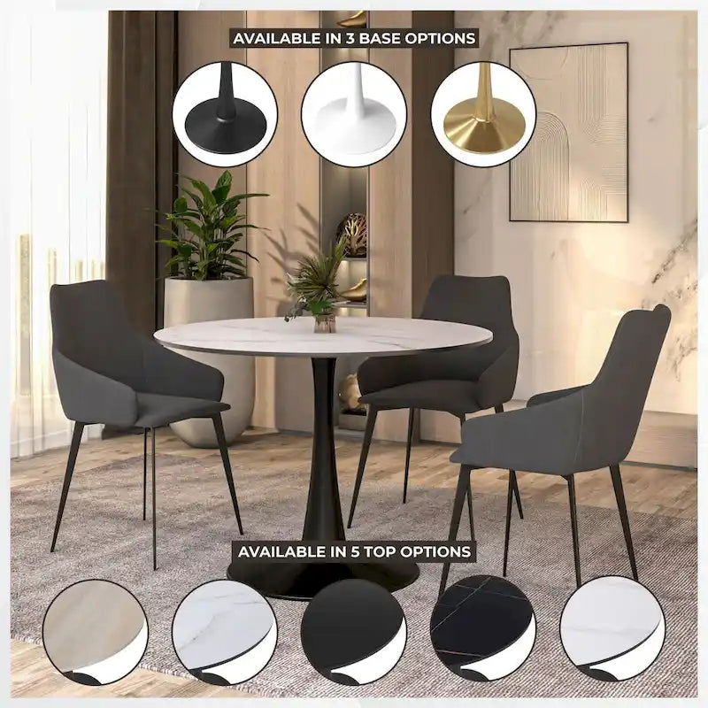 Tavolo da pranzo rotondo con piedistallo per 4 persone, piano in MDF, colore nero/bianco/bianco marmorizzato