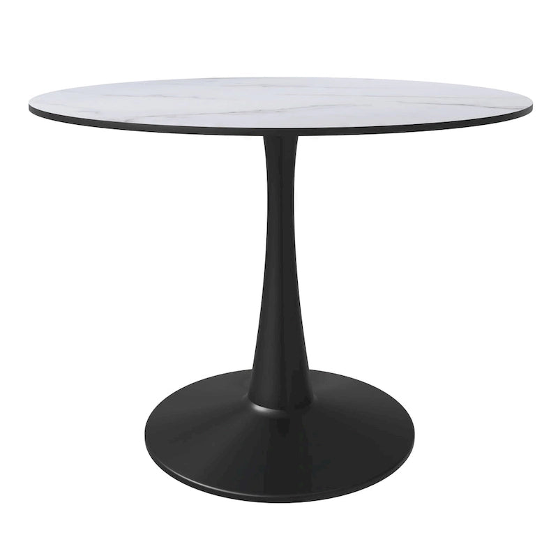 Tavolo da pranzo rotondo con piedistallo per 4 persone, piano in MDF, colore nero/bianco/bianco marmorizzato